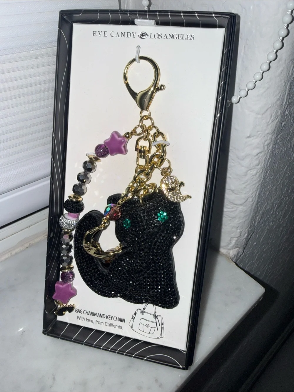 Black Cat Crystal Bag Charm Keychain